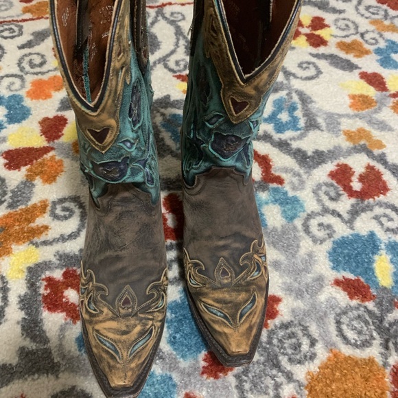 Dan Post Brown and Blue Heeled Boots with Embroidery - Picture 2 of 4